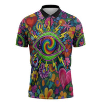 Psychedelic Visionary Woman Hippie Zipper Polo Shirt Tune In, Turn On, Drop Out - Flower Power Awakening