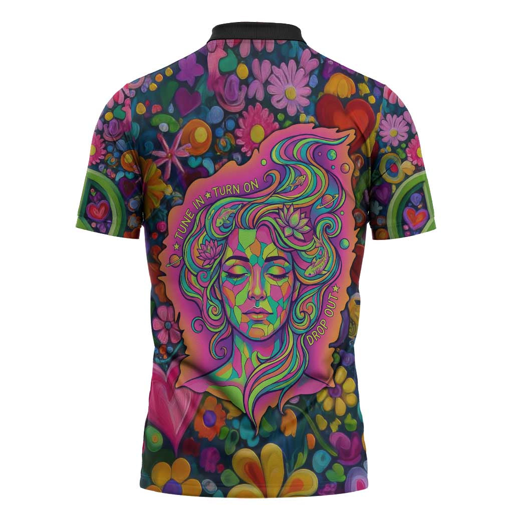 Psychedelic Visionary Woman Hippie Zipper Polo Shirt Tune In, Turn On, Drop Out - Flower Power Awakening