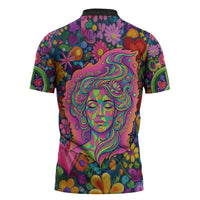Psychedelic Visionary Woman Hippie Zipper Polo Shirt Tune In, Turn On, Drop Out - Flower Power Awakening