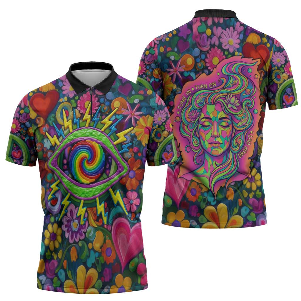 Psychedelic Visionary Woman Hippie Zipper Polo Shirt Tune In, Turn On, Drop Out - Flower Power Awakening