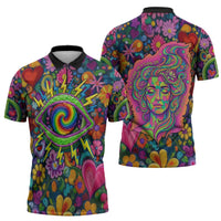 Psychedelic Visionary Woman Hippie Zipper Polo Shirt Tune In, Turn On, Drop Out - Flower Power Awakening