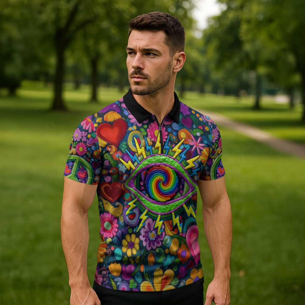 Psychedelic Visionary Woman Hippie Zipper Polo Shirt Tune In, Turn On, Drop Out - Flower Power Awakening