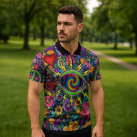 Psychedelic Visionary Woman Hippie Zipper Polo Shirt Tune In, Turn On, Drop Out - Flower Power Awakening