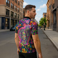 Psychedelic Visionary Woman Hippie Zipper Polo Shirt Tune In, Turn On, Drop Out - Flower Power Awakening