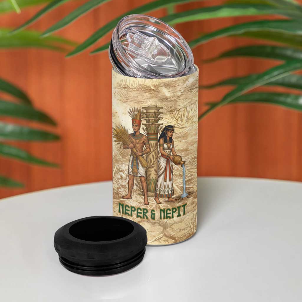 Neper and Nepit 4 in 1 Can Cooler Tumbler Ancient Harvest and Fertility Design with Sickle and Grain