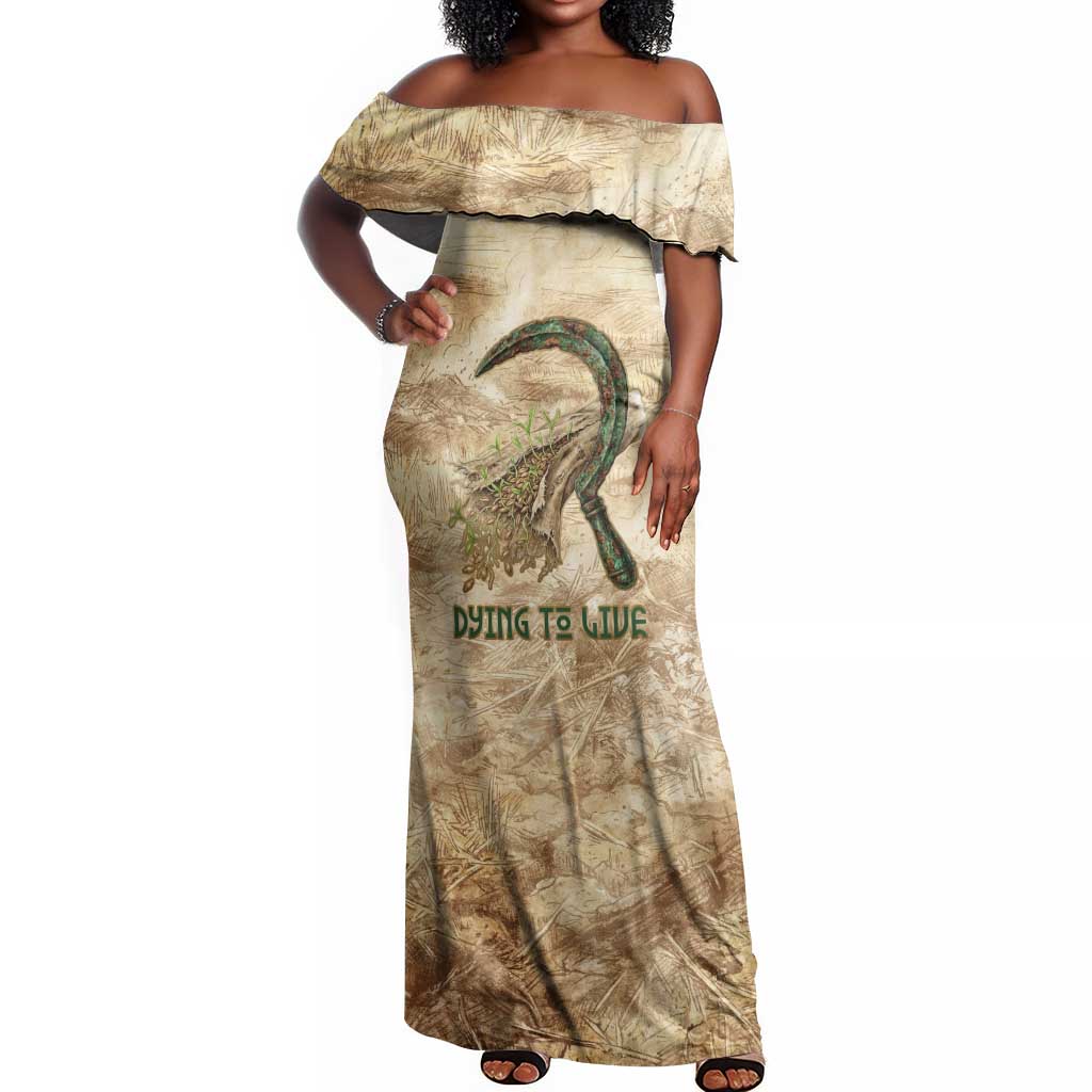 Neper and Nepit Off Shoulder Maxi Dress Ancient Harvest and Fertility Design with Sickle and Grain