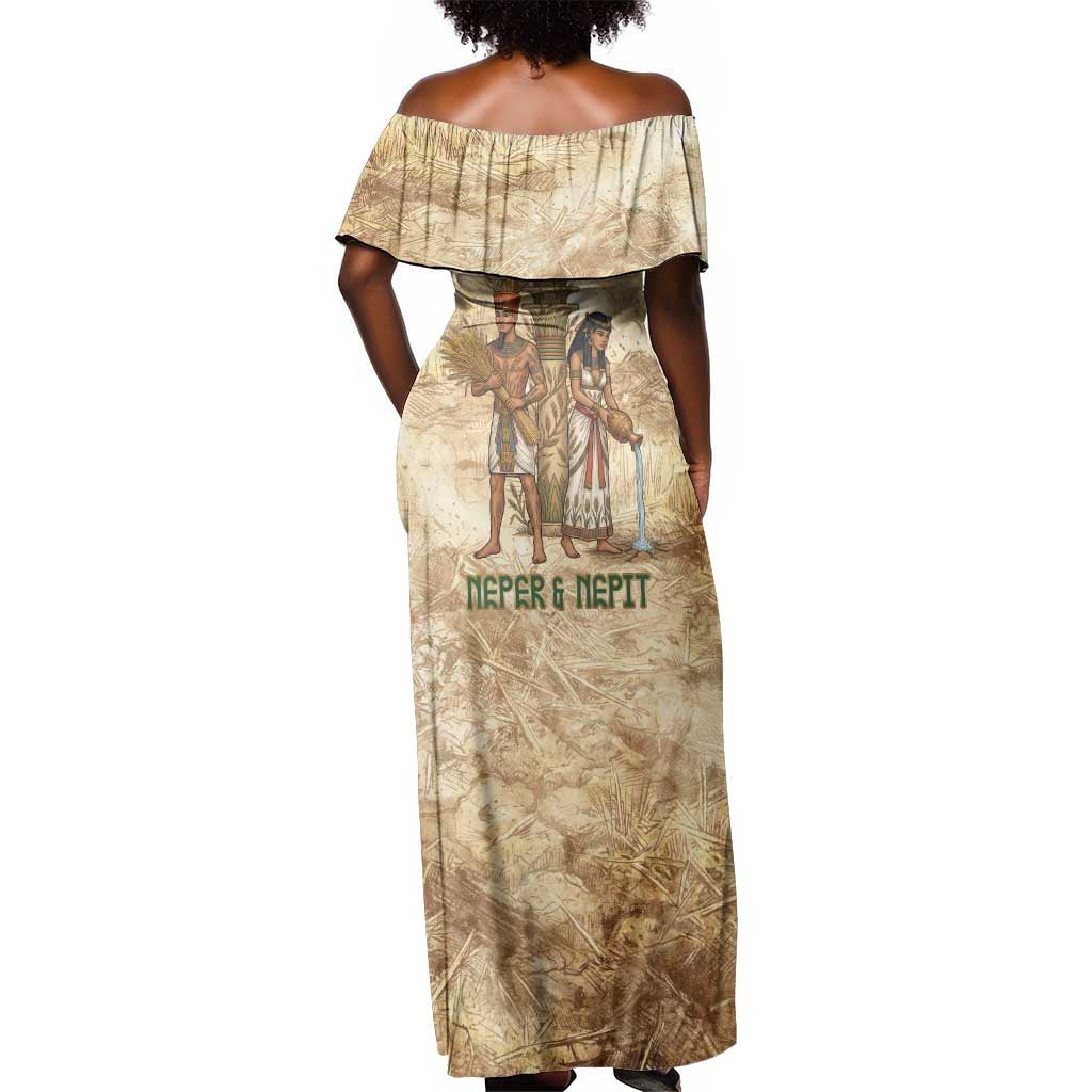 Neper and Nepit Off Shoulder Maxi Dress Ancient Harvest and Fertility Design with Sickle and Grain