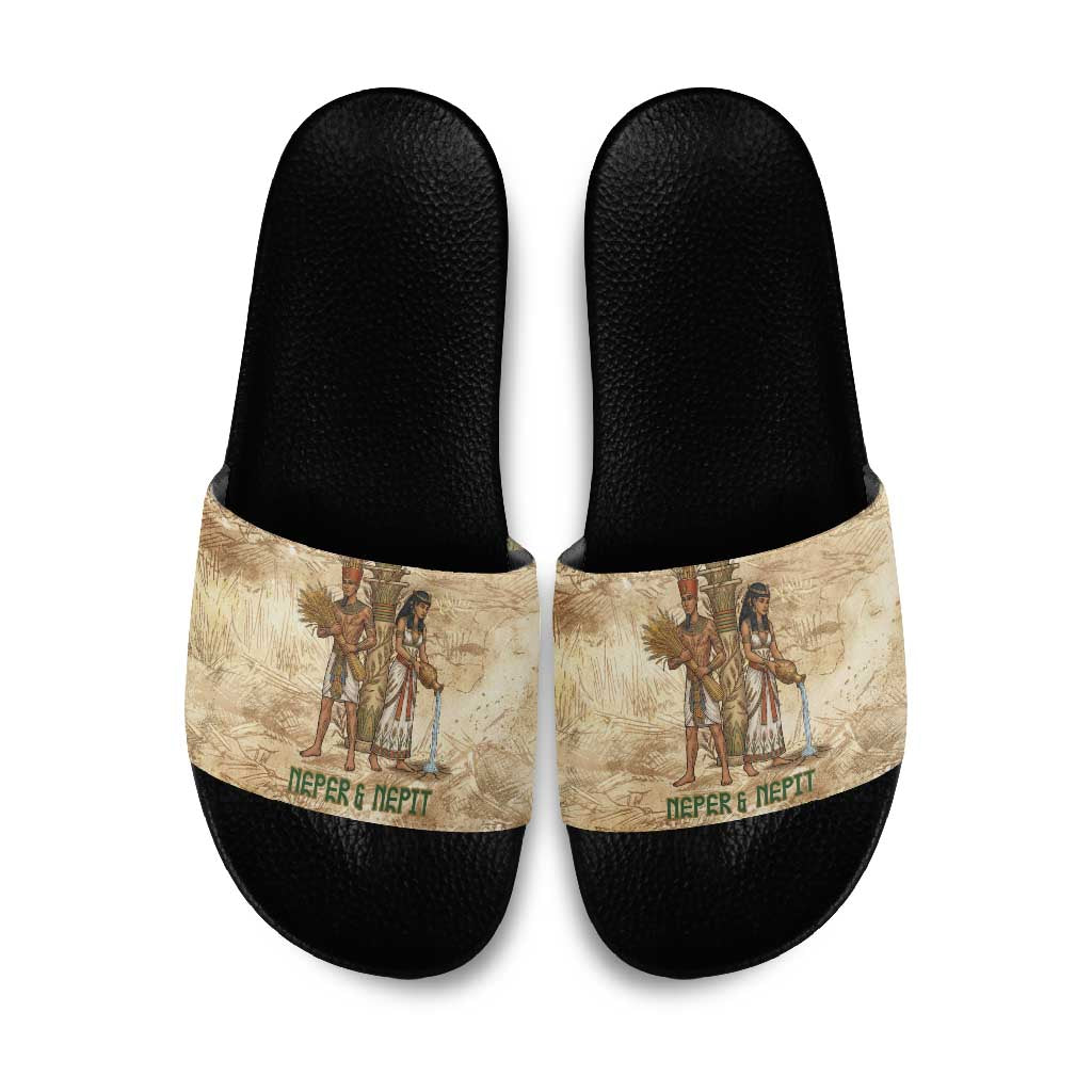Neper and Nepit Slide Sandals Ancient Harvest and Fertility Design with Sickle and Grain