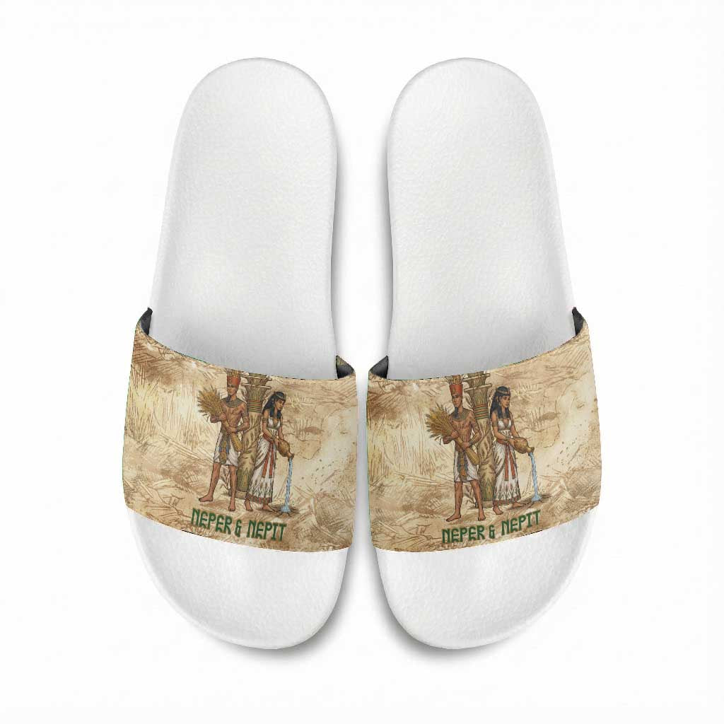 Neper and Nepit Slide Sandals Ancient Harvest and Fertility Design with Sickle and Grain
