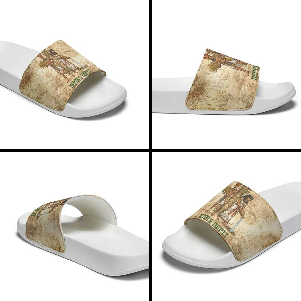 Neper and Nepit Slide Sandals Ancient Harvest and Fertility Design with Sickle and Grain
