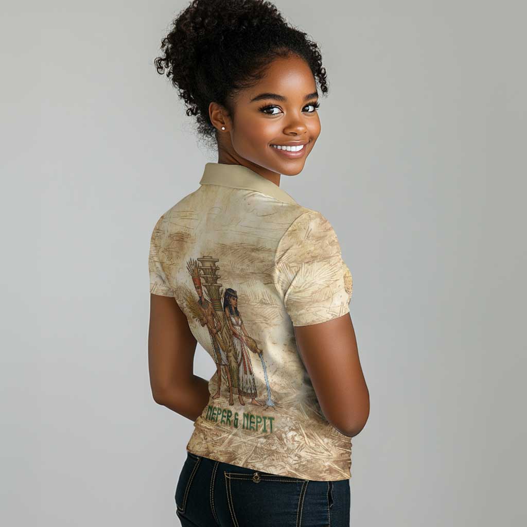 Neper and Nepit Women Polo Shirt Ancient Harvest and Fertility Design with Sickle and Grain