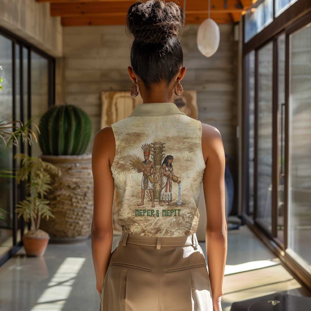 Neper and Nepit Women Sleeveless Polo Shirt Ancient Harvest and Fertility Design with Sickle and Grain