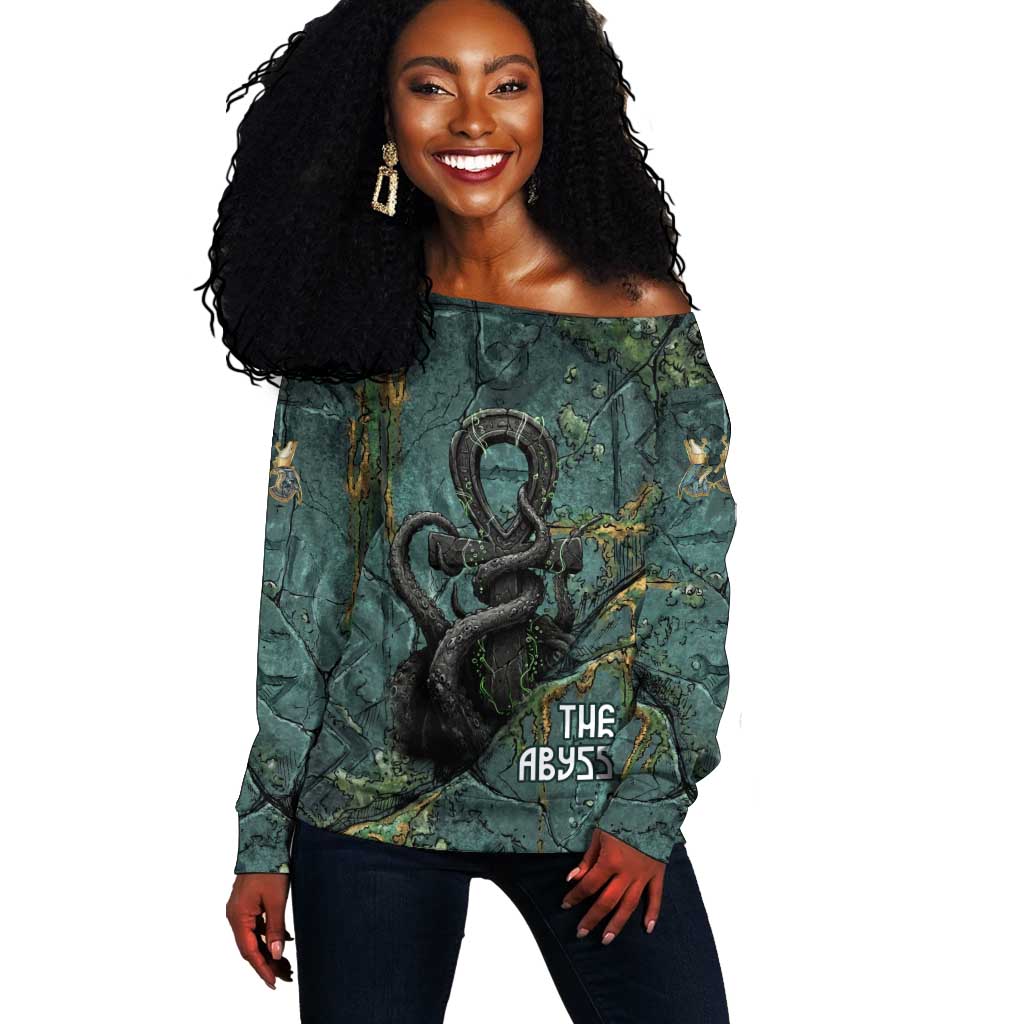 Nun and Naunet Egyptian Off Shoulder Sweater Serpent Abyss Design Primordial Gods of Ancient Waters