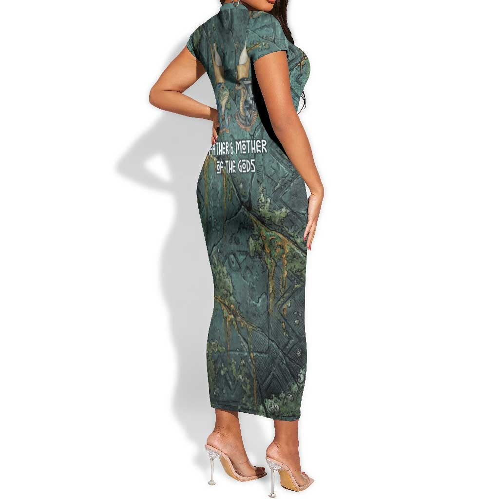 Nun and Naunet Egyptian Short Sleeve Bodycon Dress Serpent Abyss Design Primordial Gods of Ancient Waters