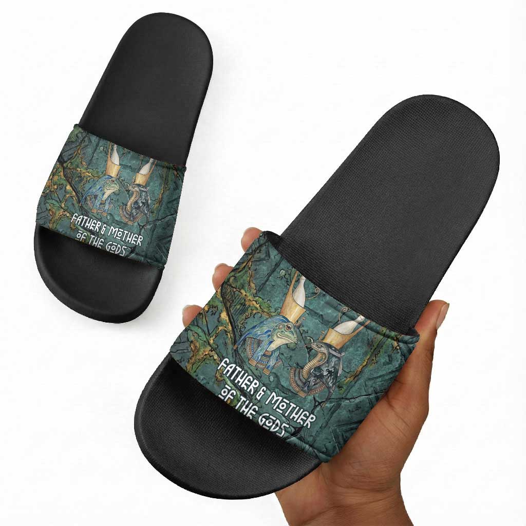 Nun and Naunet Egyptian Slide Sandals Serpent Abyss Design Primordial Gods of Ancient Waters