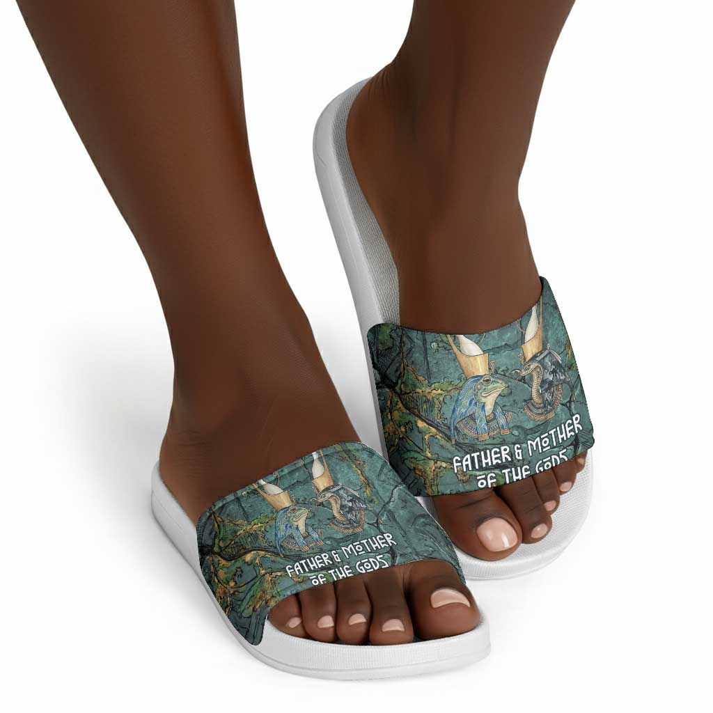 Nun and Naunet Egyptian Slide Sandals Serpent Abyss Design Primordial Gods of Ancient Waters
