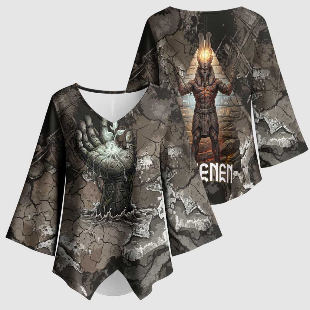 Tatenen Kimono Sleeve Blouse Rising Hand Design Egyptian God of Creation and Earth Emergence