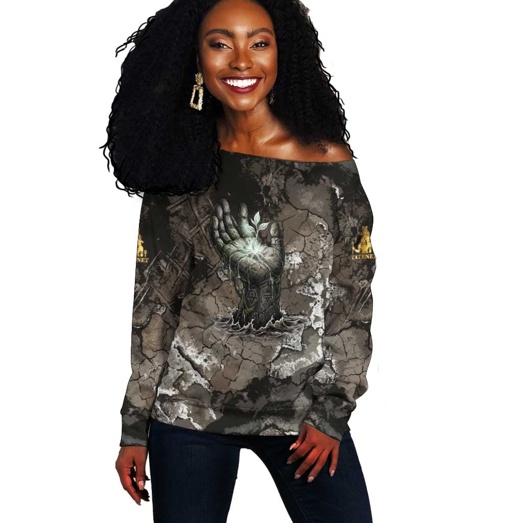 Tatenen Off Shoulder Sweater Rising Hand Design Egyptian God of Creation and Earth Emergence