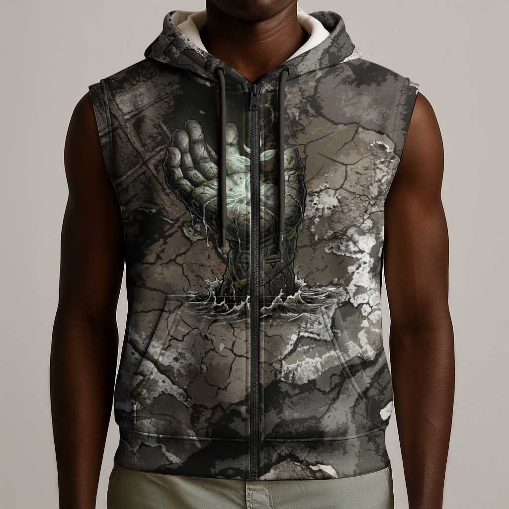 Tatenen Sleeveless Zip Hoodie Rising Hand Design Egyptian God of Creation and Earth Emergence