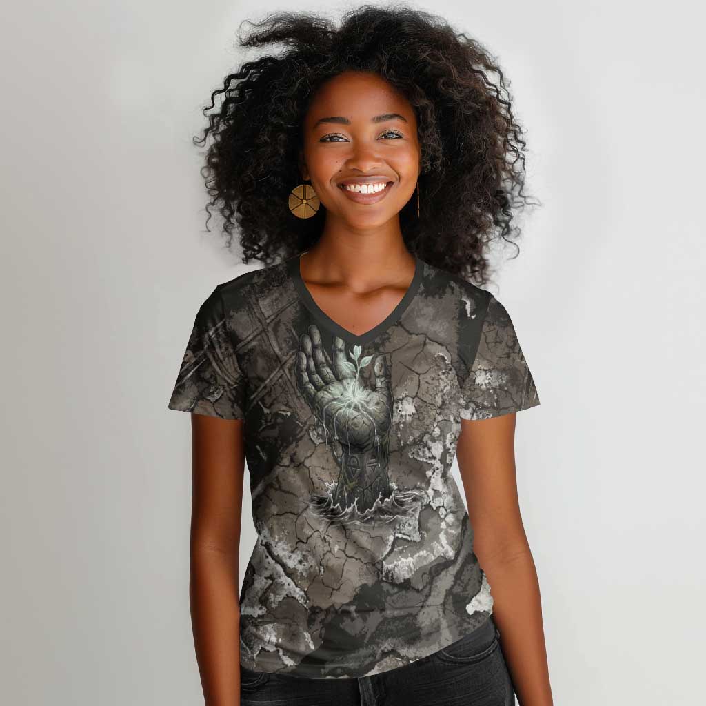 Tatenen Women V-Neck T-Shirt Rising Hand Design Egyptian God of Creation and Earth Emergence