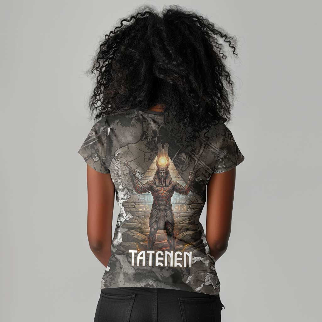 Tatenen Women V-Neck T-Shirt Rising Hand Design Egyptian God of Creation and Earth Emergence