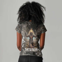 Tatenen Women V-Neck T-Shirt Rising Hand Design Egyptian God of Creation and Earth Emergence