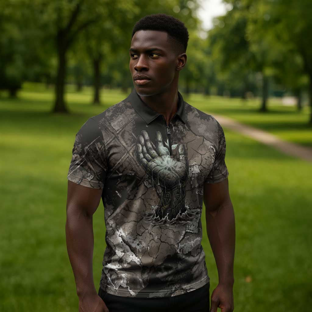 Tatenen Zipper Polo Shirt Rising Hand Design Egyptian God of Creation and Earth Emergence