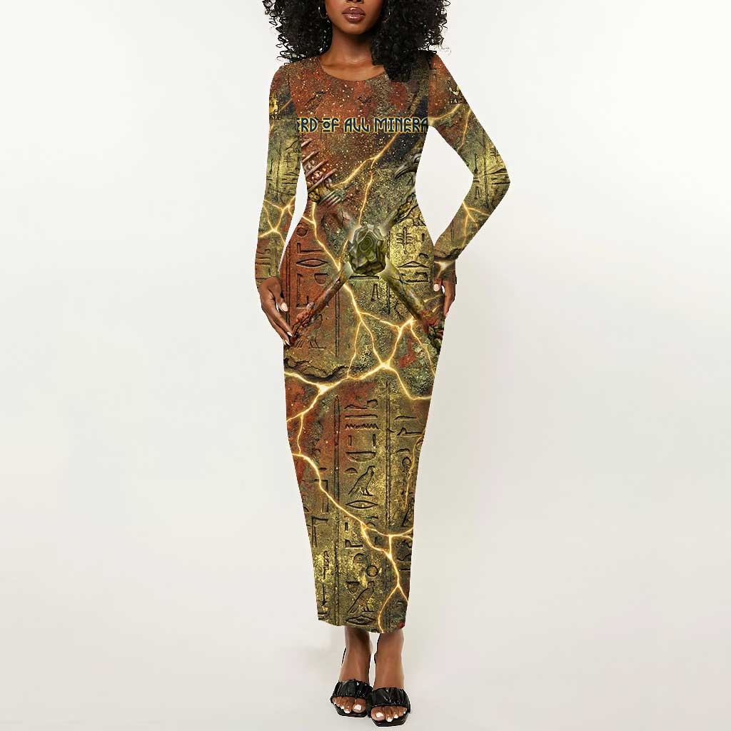 Tatenen Ancient Egyptian Long Sleeve Bodycon Dress Father of the Gods Design with Minerals
