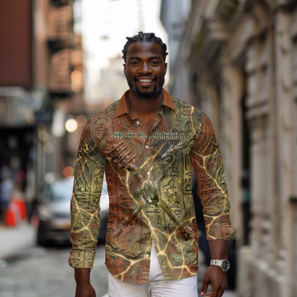 Tatenen Ancient Egyptian Long Sleeve Button Shirt Father of the Gods Design with Minerals