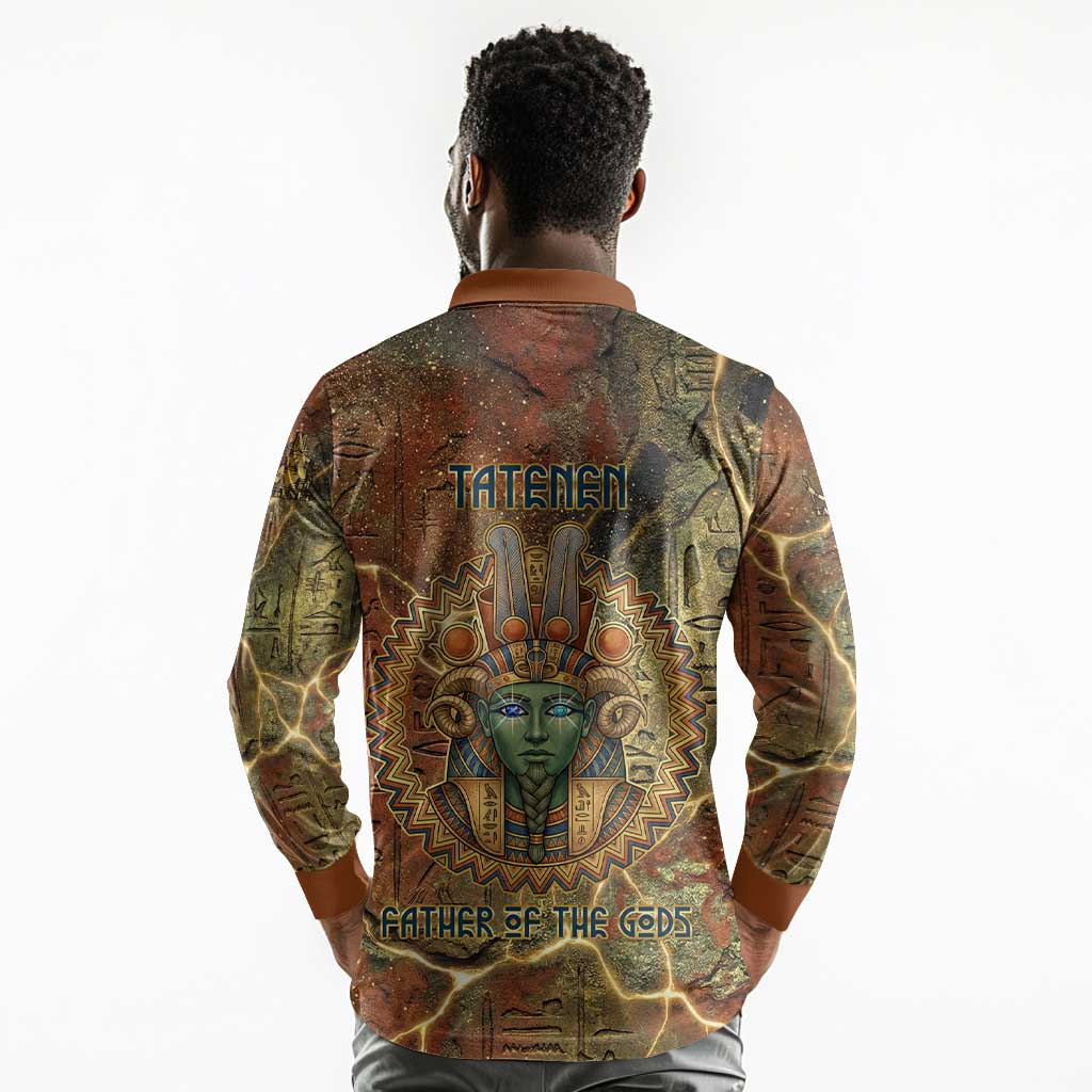 Tatenen Ancient Egyptian Long Sleeve Polo Shirt Father of the Gods Design with Minerals