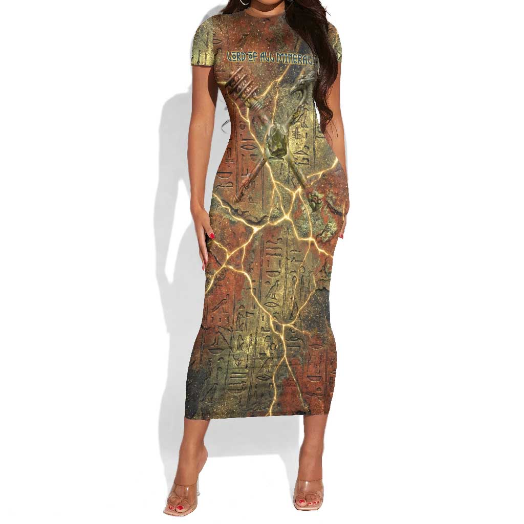 Tatenen Ancient Egyptian Short Sleeve Bodycon Dress Father of the Gods Design with Minerals