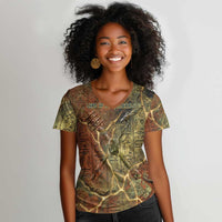 Tatenen Ancient Egyptian Women V-Neck T-Shirt Father of the Gods Design with Minerals
