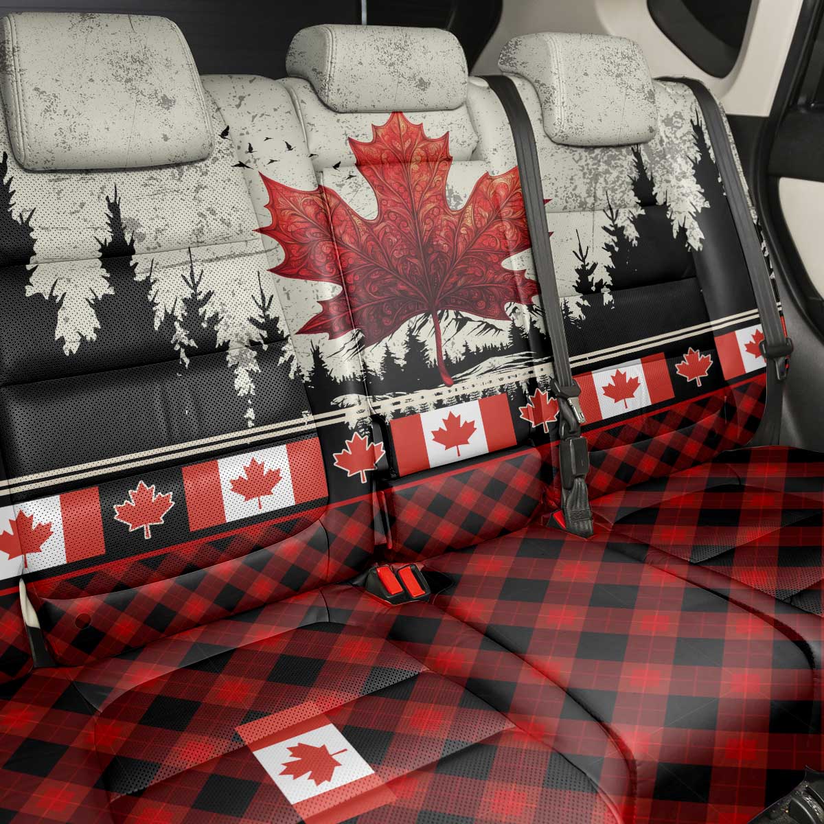 Canada Flag Back Car Seat Cover Maple Leaf & Plaid Pattern Design