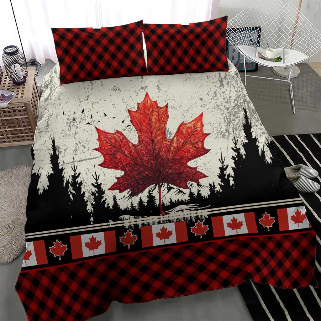 Canada Flag Bedding Set Maple Leaf & Plaid Pattern Design