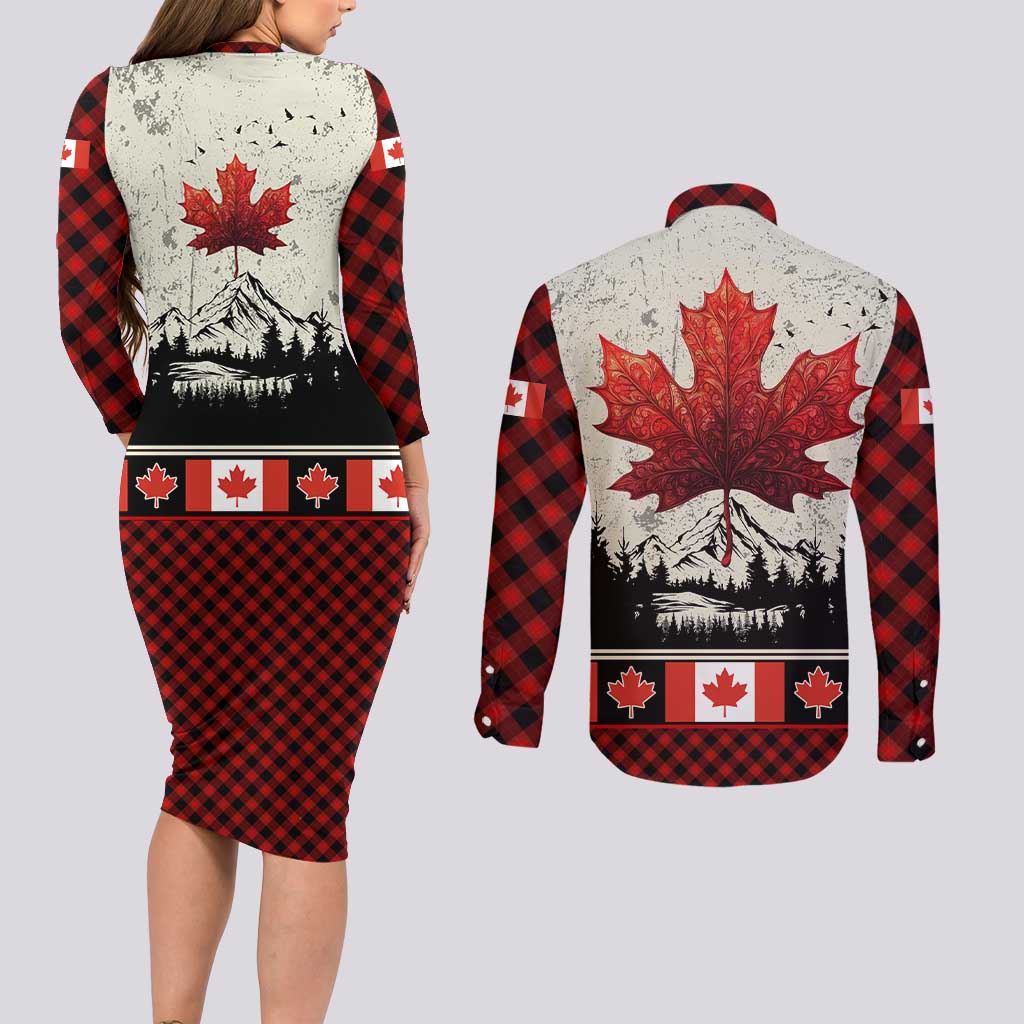 Canada Flag Couples Matching Long Sleeve Bodycon Dress and Long Sleeve Button Shirt Maple Leaf & Plaid Pattern Design