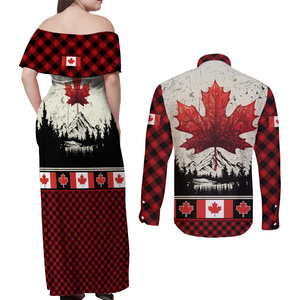 Canada Flag Couples Matching Off Shoulder Maxi Dress and Long Sleeve Button Shirt Maple Leaf & Plaid Pattern Design