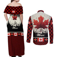 Canada Flag Couples Matching Off Shoulder Maxi Dress and Long Sleeve Button Shirt Maple Leaf & Plaid Pattern Design