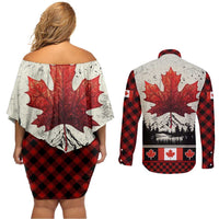 Canada Flag Couples Matching Off Shoulder Short Dress and Long Sleeve Button Shirt Maple Leaf & Plaid Pattern Design