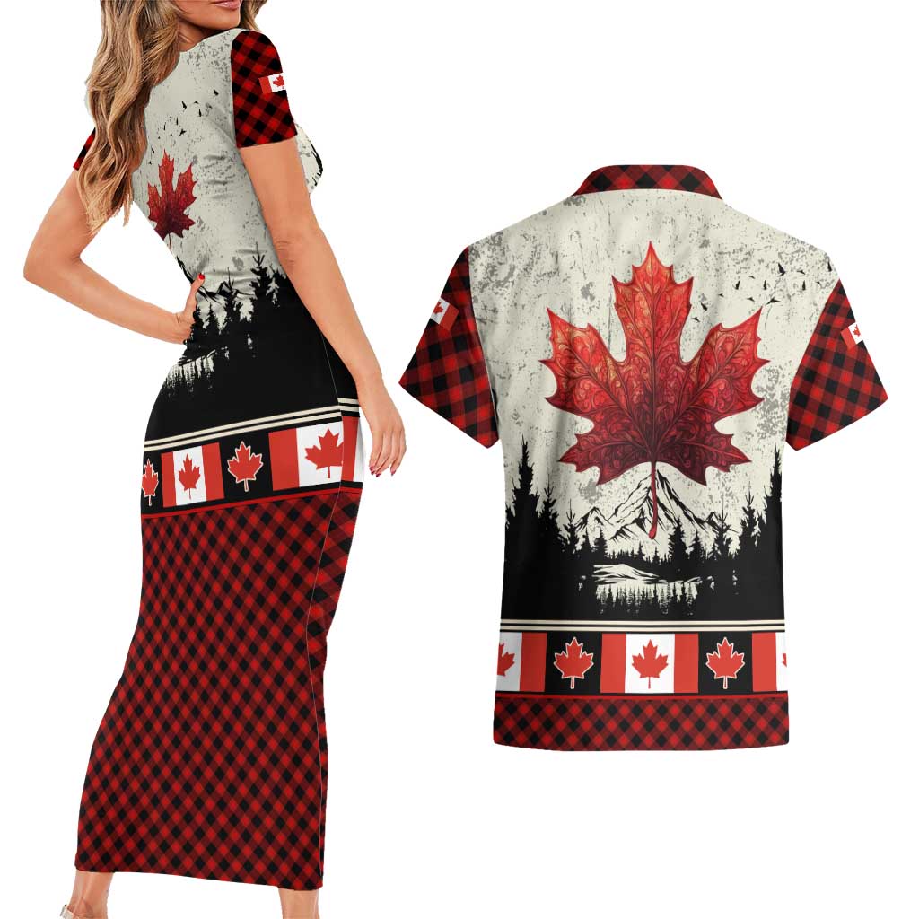 Canada Flag Couples Matching Short Sleeve Bodycon Dress and Hawaiian Shirt Maple Leaf & Plaid Pattern Design