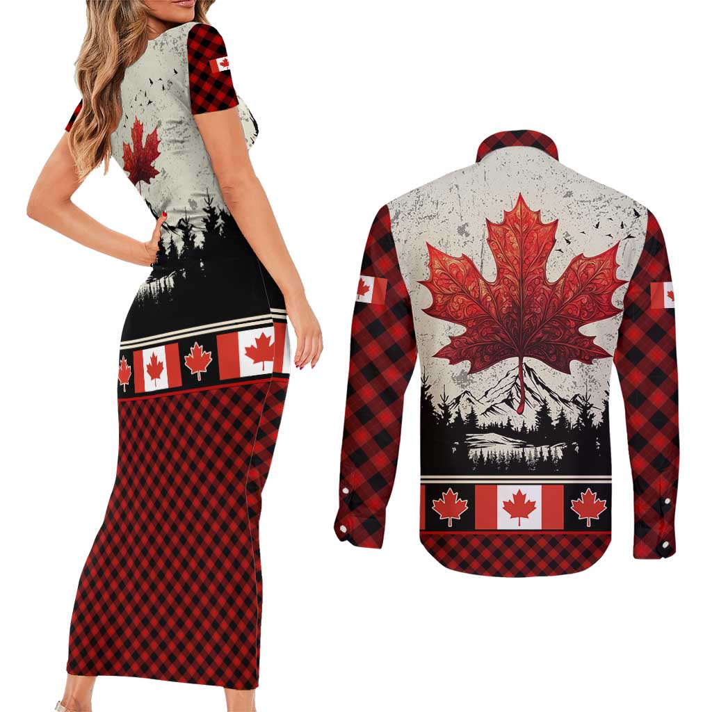 Canada Flag Couples Matching Short Sleeve Bodycon Dress and Long Sleeve Button Shirt Maple Leaf & Plaid Pattern Design