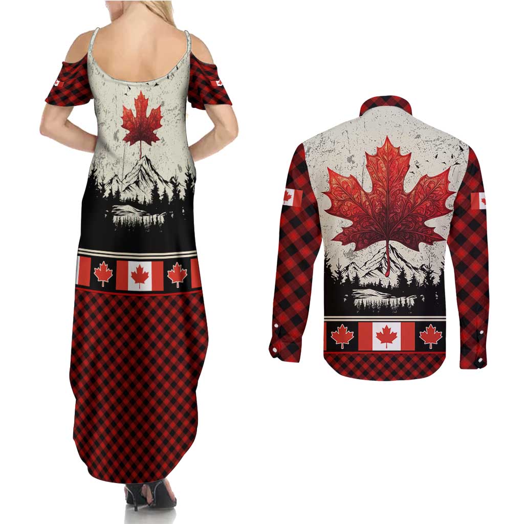 Canada Flag Couples Matching Summer Maxi Dress and Long Sleeve Button Shirt Maple Leaf & Plaid Pattern Design