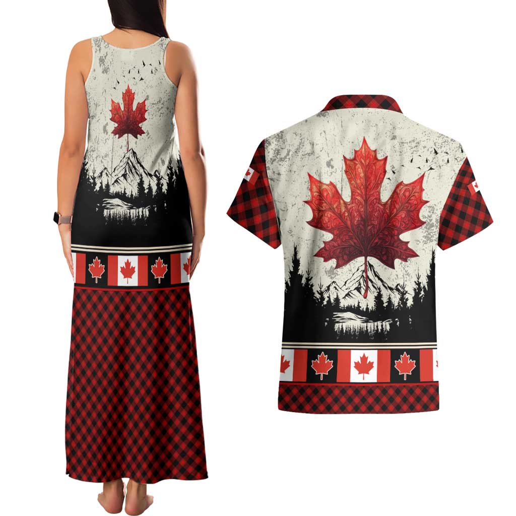 Canada Flag Couples Matching Tank Maxi Dress and Hawaiian Shirt Maple Leaf & Plaid Pattern Design