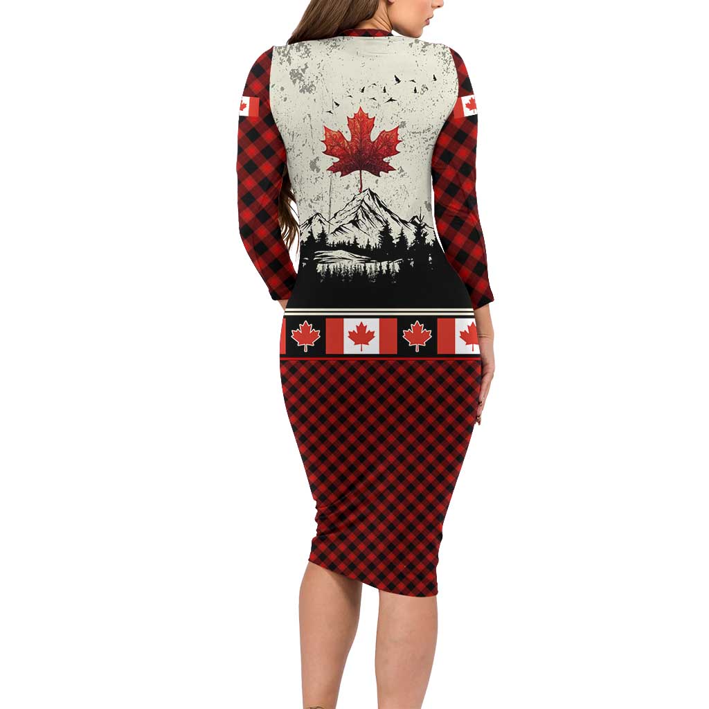 Canada Flag Family Matching Long Sleeve Bodycon Dress and Hawaiian Shirt Maple Leaf & Plaid Pattern Design