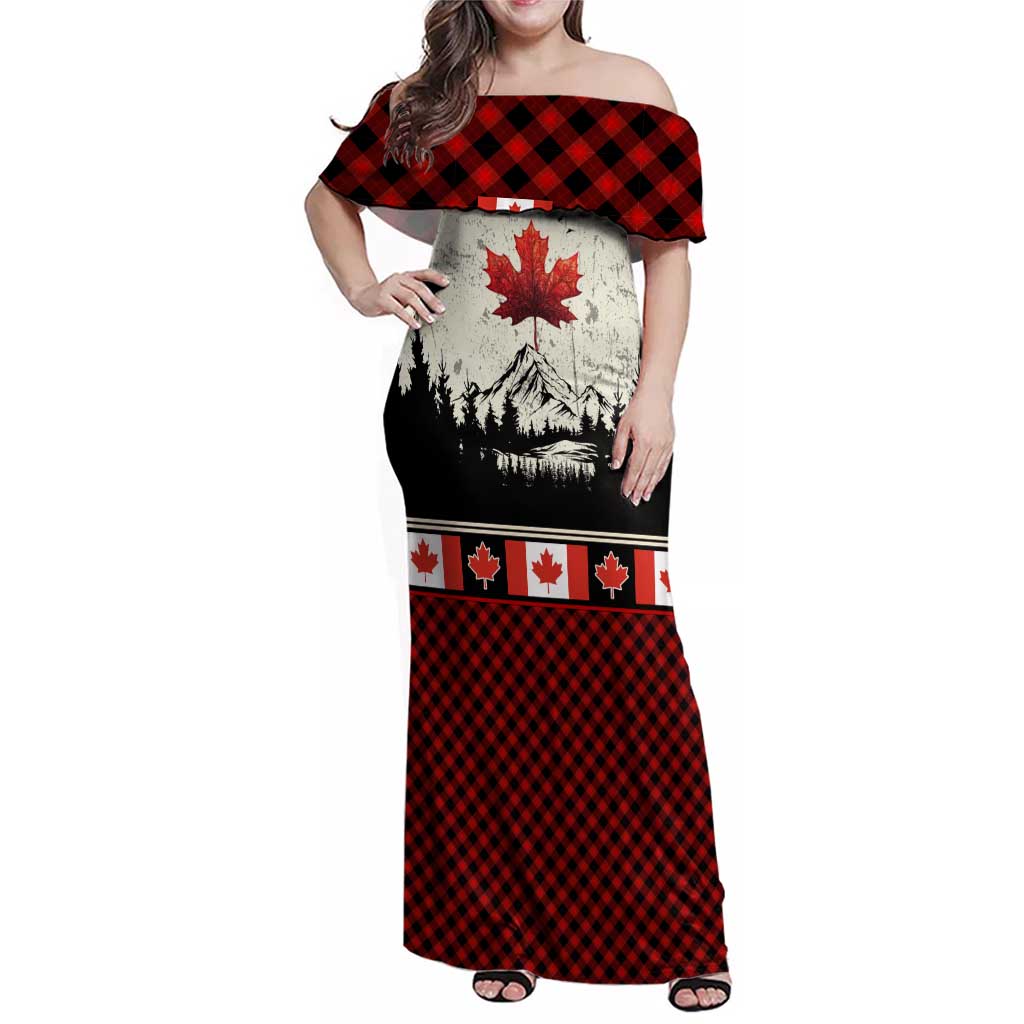 Canada Flag Family Matching Off Shoulder Maxi Dress and Hawaiian Shirt Maple Leaf & Plaid Pattern Design