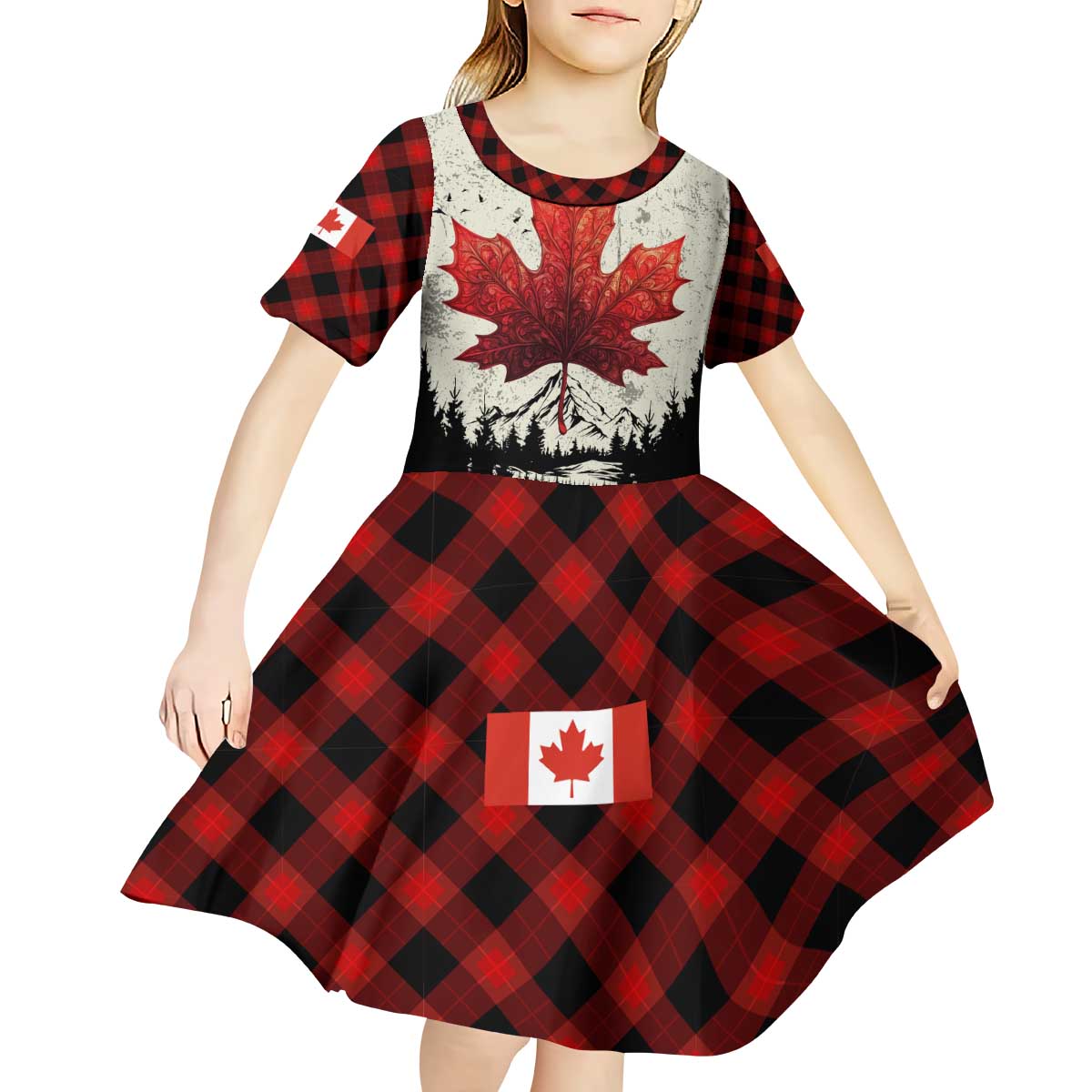 Canada Flag Kid Short Sleeve Dress Maple Leaf & Plaid Pattern Design