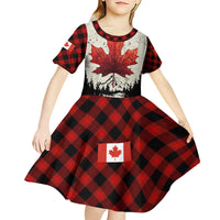 Canada Flag Kid Short Sleeve Dress Maple Leaf & Plaid Pattern Design