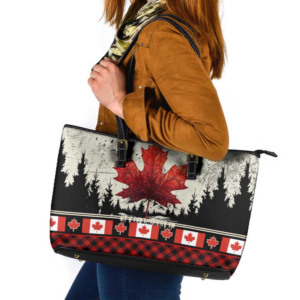 Canada Flag Leather Tote Bag Maple Leaf & Plaid Pattern Design