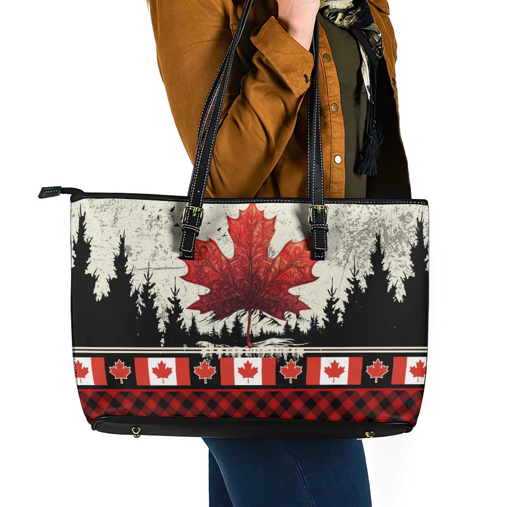 Canada Flag Leather Tote Bag Maple Leaf & Plaid Pattern Design