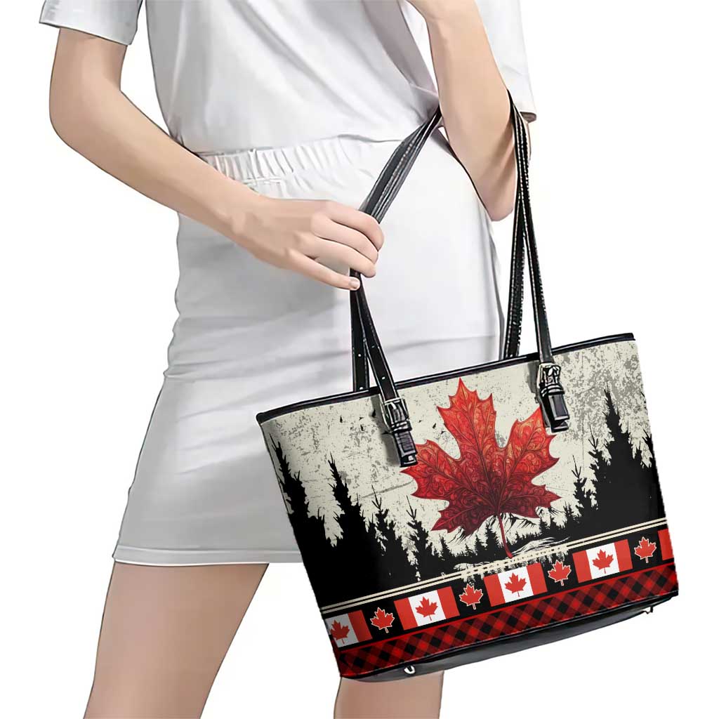 Canada Flag Leather Tote Bag Maple Leaf & Plaid Pattern Design