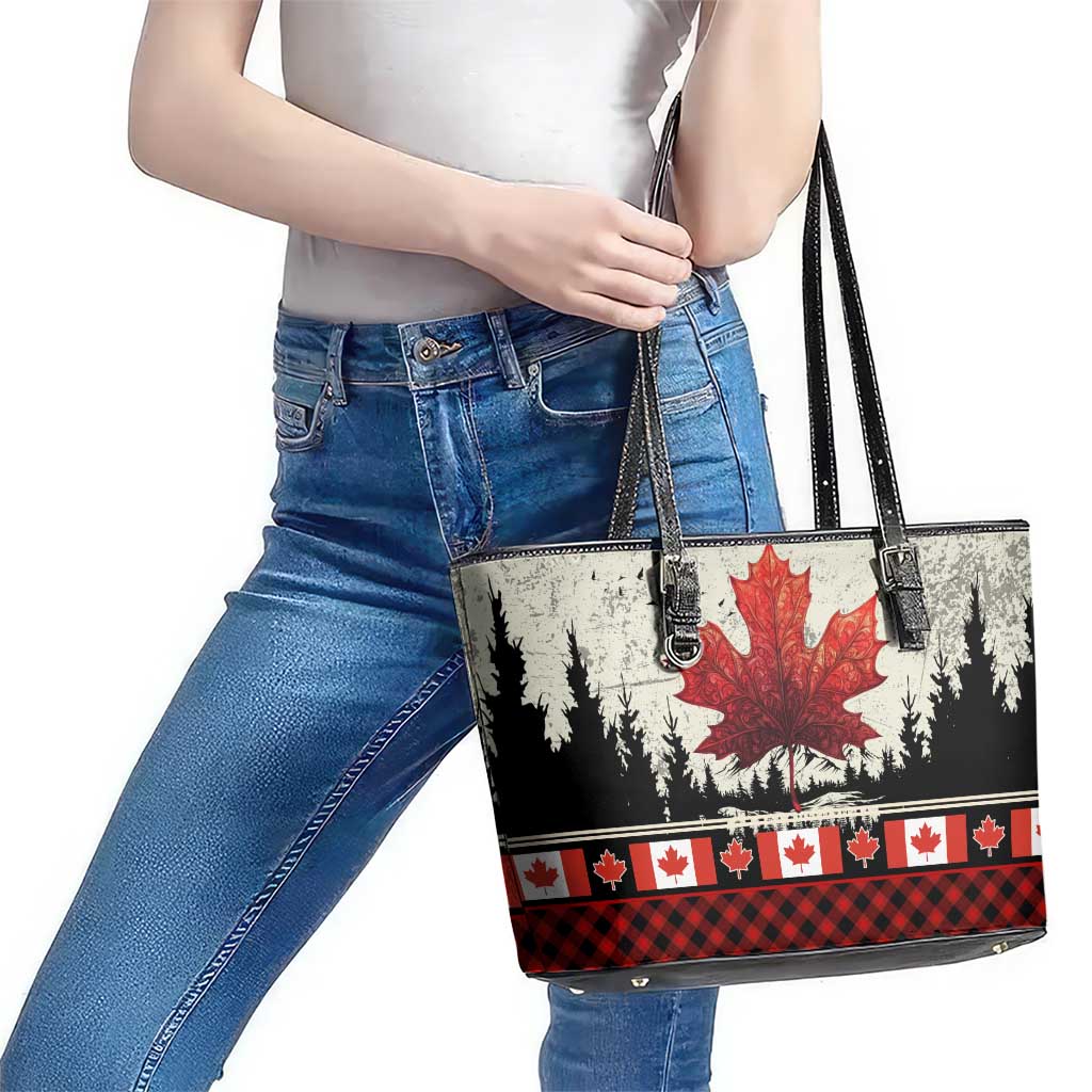 Canada Flag Leather Tote Bag Maple Leaf & Plaid Pattern Design